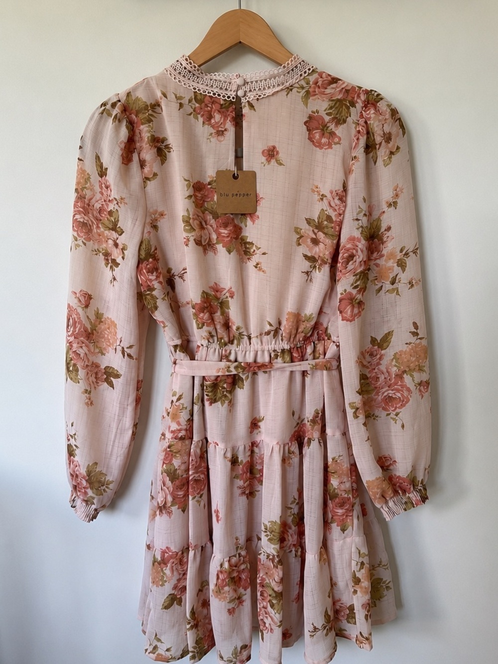 Blu Pepper Blush Floral Lace-Trim Long Sleeve Tiered Mini Dress - Picture 3 of 14
